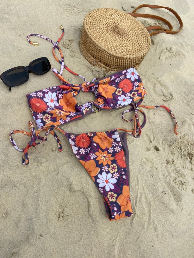 Seventies Style Bikini Top in Purple Blossom