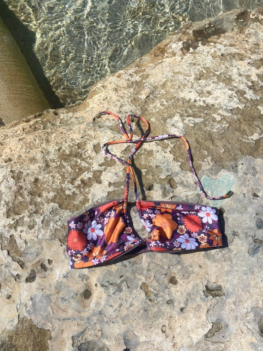 Seventies Style Bikini Top in Purple Blossom