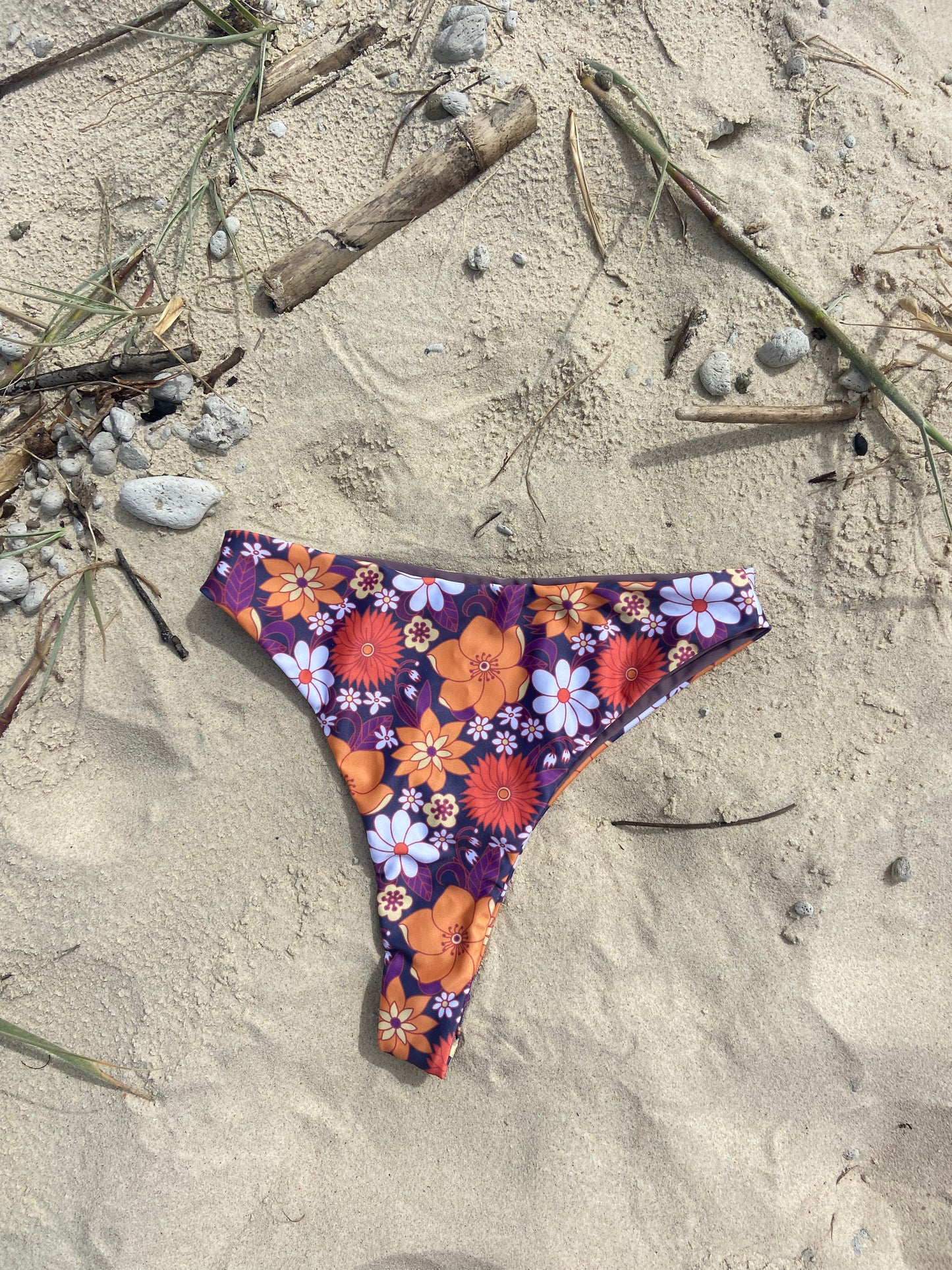 Seventies Style High Waist Bikini Bottom - Purple Blossom